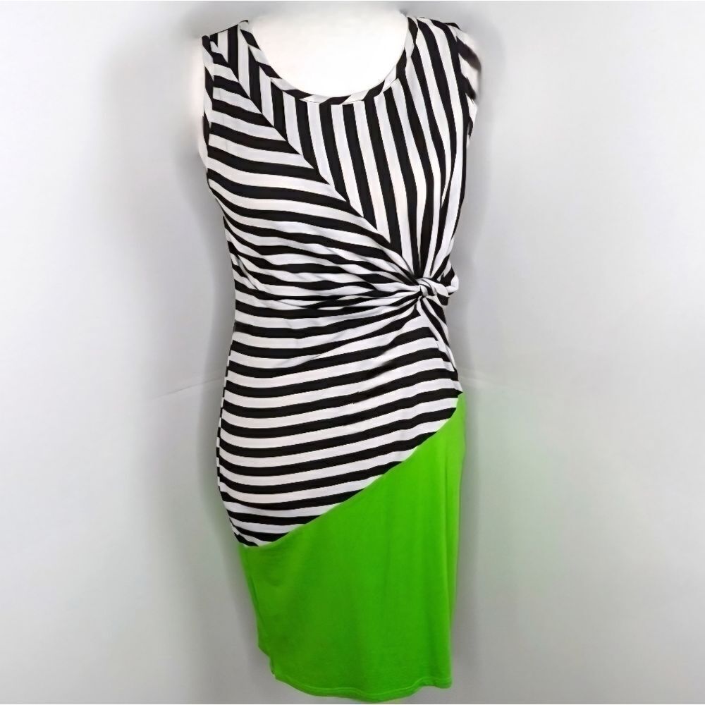 VENUS Black and White With Green Asymmetrical Sleeveless Tank Dress